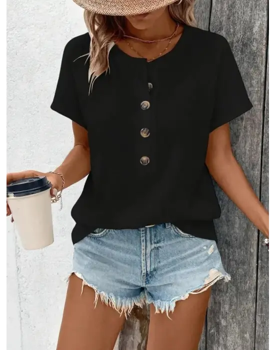 Kadın Kısa Kollu Yakası Açık önden Düğmeli Waffle Bluz