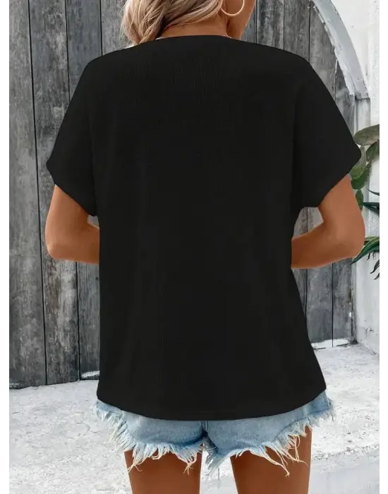 Kadın Kısa Kollu Yakası Açık önden Düğmeli Waffle Bluz