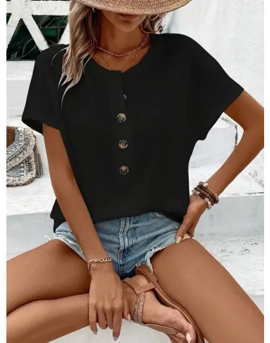 Omarı Etkileyici Kadın Kısa Kollu Waffle Bluz