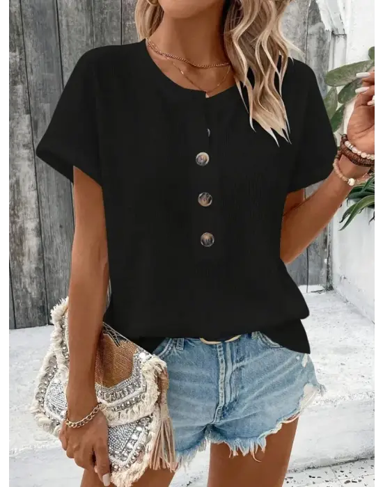 Kadın Kısa Kollu Yakası Açık önden Düğmeli Waffle Bluz