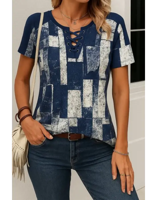 Kadın Kısa Kollu Yakası Bağcıklı Kuş Gözü Detay Süprem Bluz