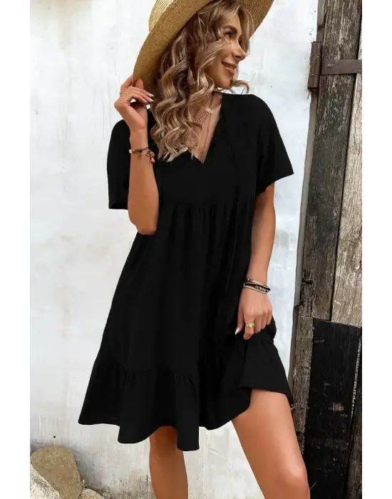 Omarı Kadın Düz Kesim Fırfırlı V Yaka Elbise