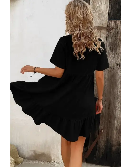 Kadın Kısa Kollu Yakası Bağcıklı önden Düğmeli Fırfır Desenli Süprem Elbise