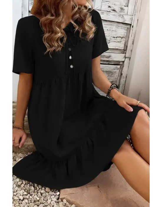 Omarı Kadın Düz Kesim Fırfırlı V Yaka Elbise