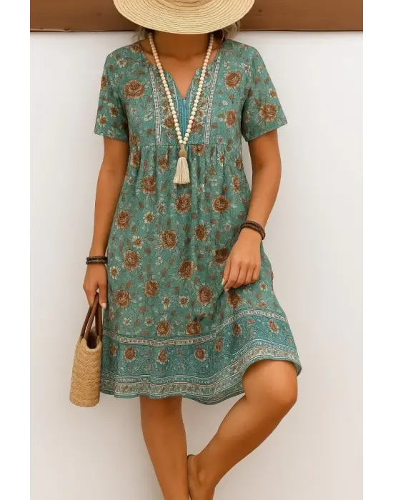 Kadın Kısa Kollu Yakası Bağcıklı önden Düğmeli Fırfır Desenli Süprem Elbise