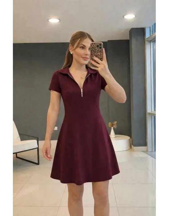 Kadın Kısa Kollu Yakası Fermuarlı Kısa Viskon Iki Iplik Elbise