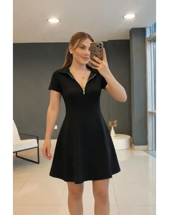 Kadın Kısa Kollu Yakası Fermuarlı Kısa Viskon Iki Iplik Elbise