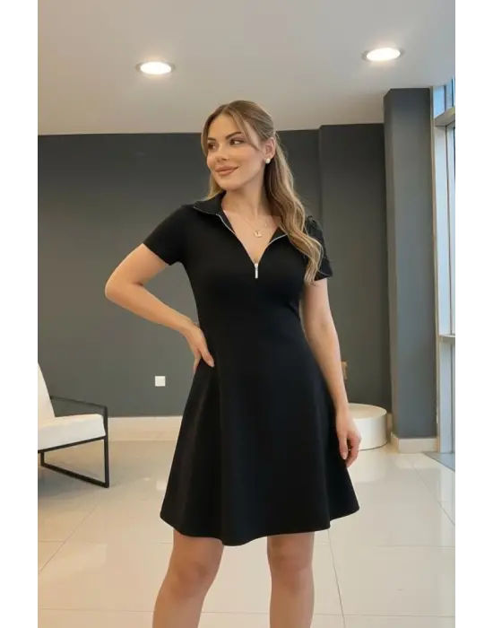 Kadın Kısa Kollu Yakası Fermuarlı Kısa Viskon Iki Iplik Elbise