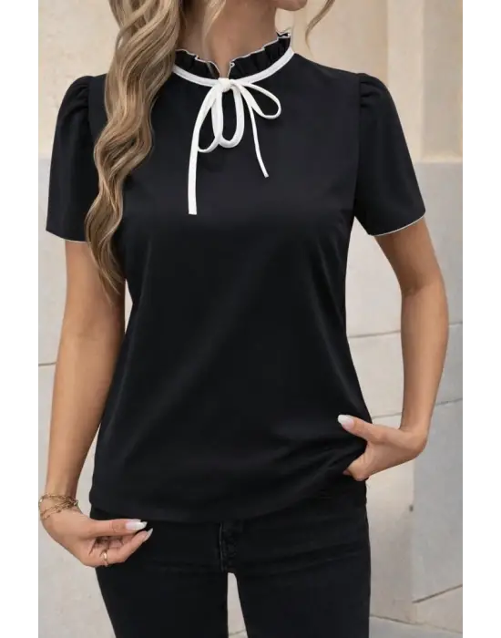 Kadın Kısa Kollu Yakası Fırfırlı Bağcıklı Janjan Krep Bluz