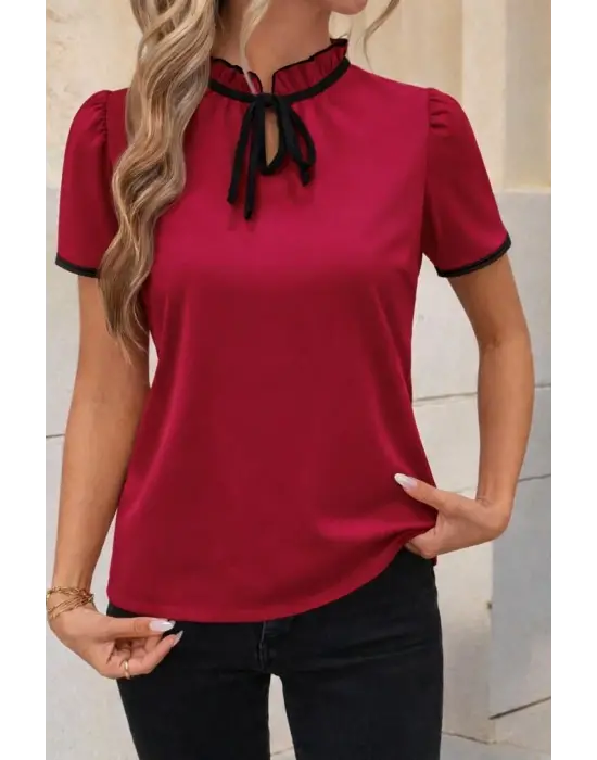 Kadın Kısa Kollu Yakası Fırfırlı Bağcıklı Janjan Krep Bluz