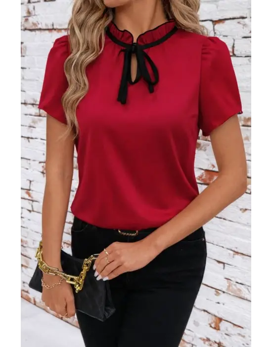 Kadın Kısa Kollu Yakası Fırfırlı Bağcıklı Janjan Krep Bluz