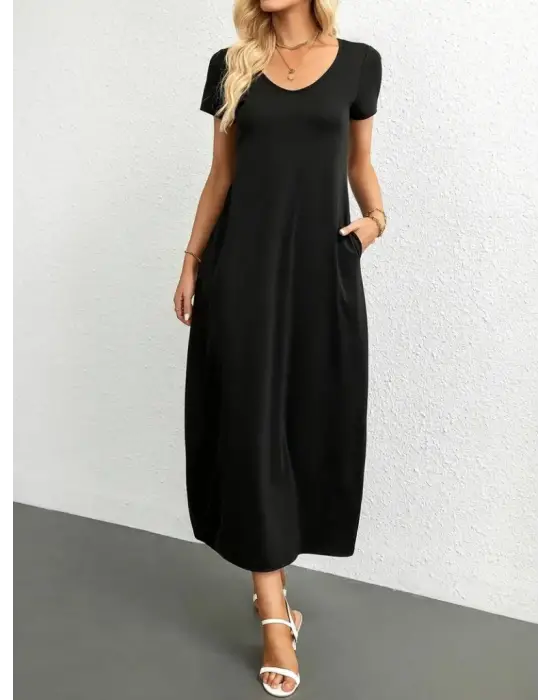 Kadın Kısa Kollu Yakası Yuvarlak Cepli Viskon Elbise