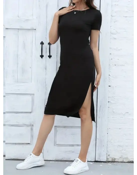 Kadın Kısa Kollu Yanı Yırtmaçlı Bisiklet Yaka Midiboy Viskon Elbise