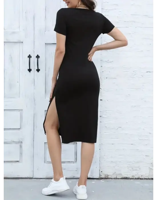 Kadın Kısa Kollu Yanı Yırtmaçlı Bisiklet Yaka Midiboy Viskon Elbise