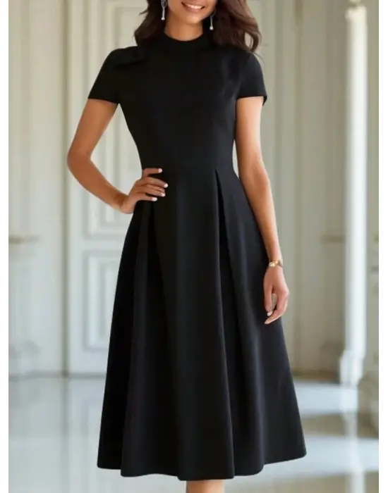 Omarı Pileli Janjan Krep Midi Elbise