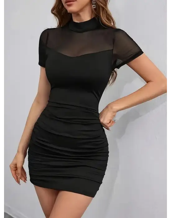 Kadın Kısa Kollu Yarı Balıkçı Yaka Tül Detaylı Kısa Janjan Krep Elbise