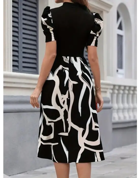 Kadın Kısa Kollu Yarı Balıkçı Yaka üst Viskon Alt Desenli Dokuma Midi Elbise