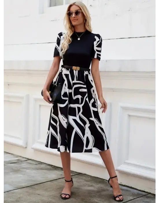 Kadın Kısa Kollu Yarı Balıkçı Yaka üst Viskon Alt Desenli Dokuma Midi Elbise