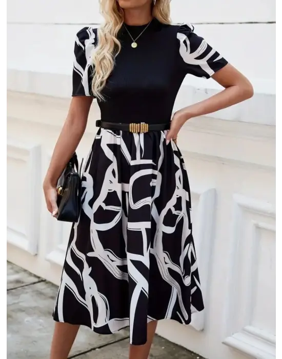 Kadın Kısa Kollu Yarı Balıkçı Yaka üst Viskon Alt Desenli Dokuma Midi Elbise