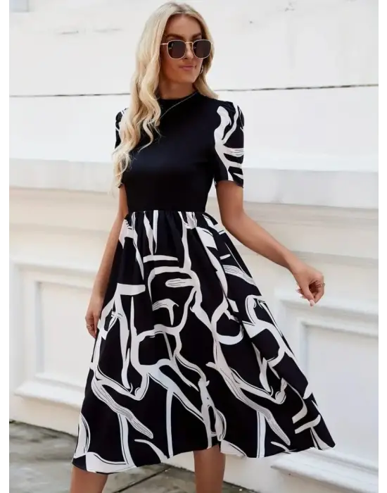 Kadın Kısa Kollu Yarı Balıkçı Yaka üst Viskon Alt Desenli Dokuma Midi Elbise