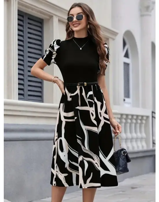 Kadın Kısa Kollu Yarı Balıkçı Yaka üst Viskon Alt Desenli Dokuma Midi Elbise