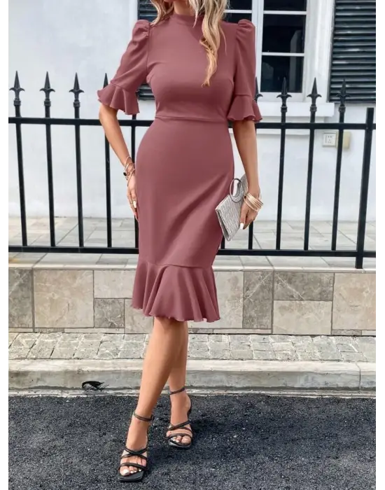 Kadın Kısa Kollu Yarı Balıkçı Yakalı Etek Ucu Fırfırlı Midi Ithal Krep Elbise