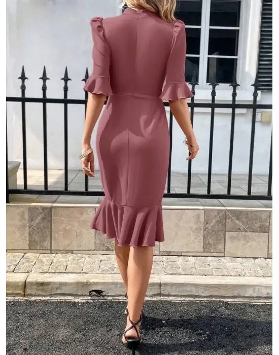 Kadın Kısa Kollu Yarı Balıkçı Yakalı Etek Ucu Fırfırlı Midi Ithal Krep Elbise