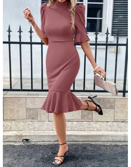 Kadın Kısa Kollu Yarı Balıkçı Yakalı Etek Ucu Fırfırlı Midi Ithal Krep Elbise