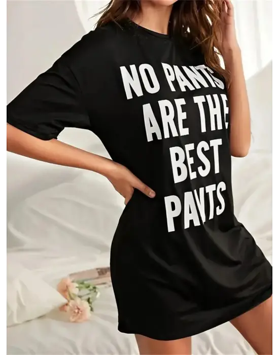 Kadın Kısa Kollu Yazı Baskılı Basic Mini Elbise