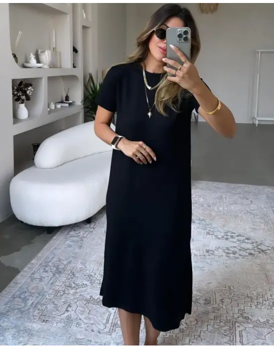 Kadın Kısa Kollu Yırtmaç Detaylı Salaş Viskon Elbise