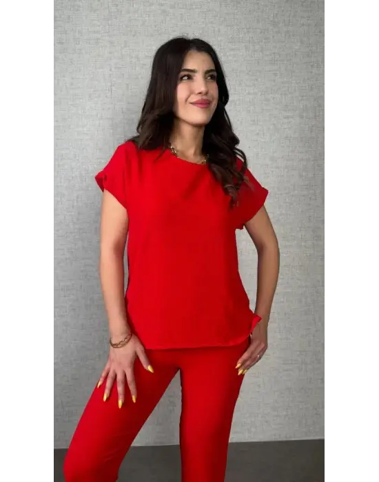 Kadın Kısa Kollu Yuvarlak Yaka Aerobin Bluz Ve Pantolon Ikili Takım
