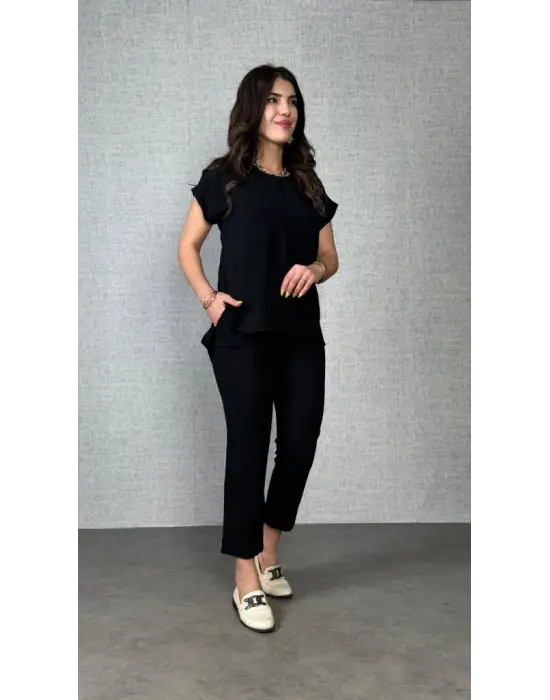 Kadın Kısa Kollu Yuvarlak Yaka Aerobin Bluz Ve Pantolon Ikili Takım