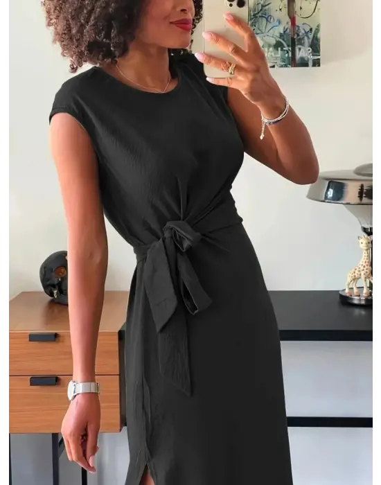 Kadın Kısa Kollu Yuvarlak Yaka Belden Bağcıklı önden Yırtmaçlı Aerobin Elbise