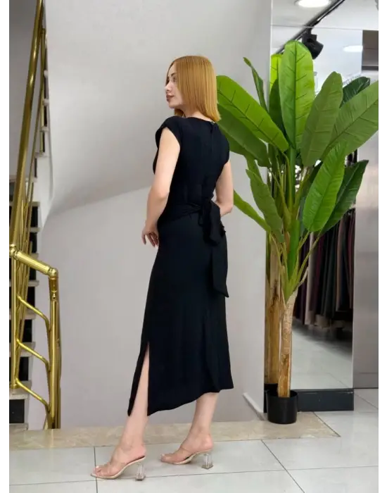 Kadın Kısa Kollu Yuvarlak Yaka Belden Bağcıklı önden Yırtmaçlı Aerobin Elbise