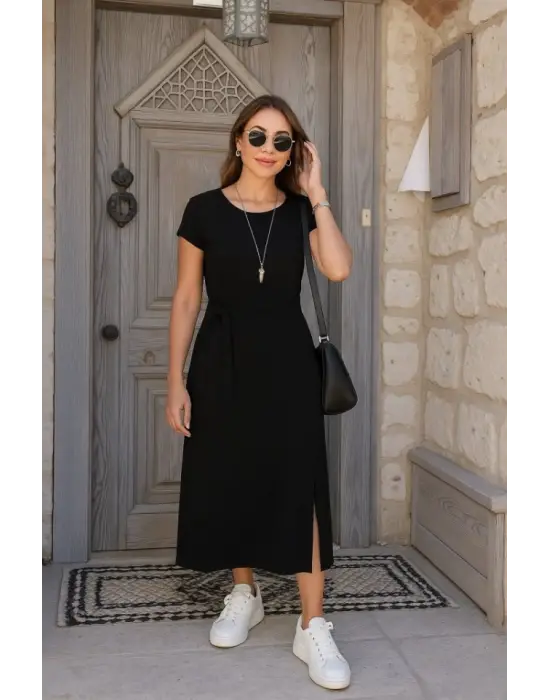 Kadın Kısa Kollu Yuvarlak Yaka Belden Bağcıklı önden Yırtmaçlı Aerobin Elbise