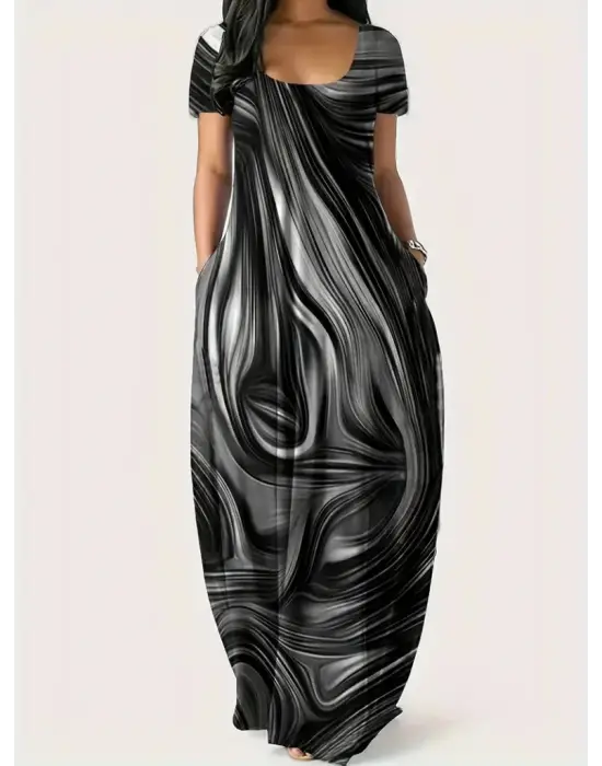 Omarı Yuvarlak Yaka Cepli Baskılı Elbise