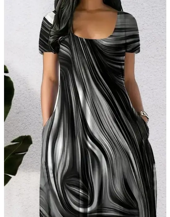 Omarı Yuvarlak Yaka Cepli Baskılı Elbise