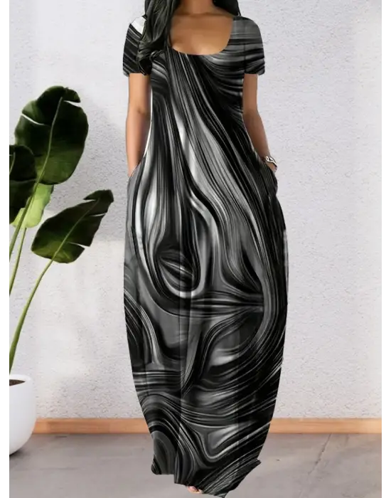 Kadın Kısa Kollu Yuvarlak Yaka Cepli Salaş Baskılı Süprem Elbise