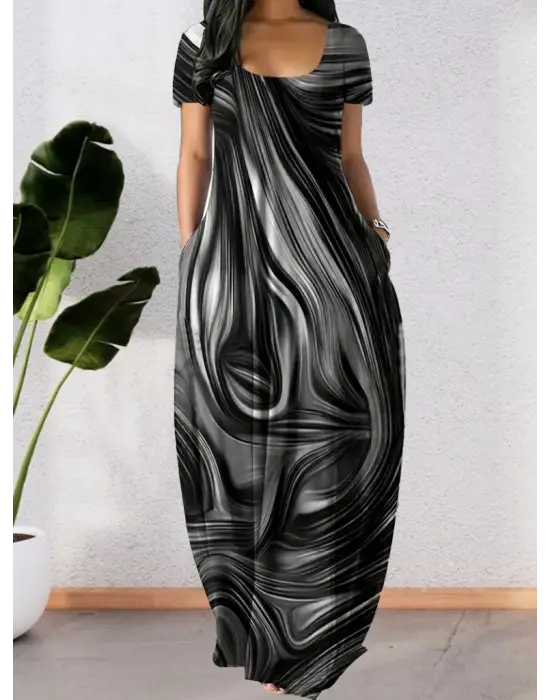 Omarı Yuvarlak Yaka Cepli Baskılı Elbise