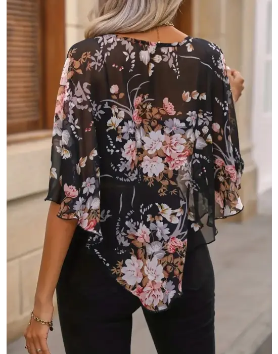Kadın Kısa Kollu Yuvarlak Yaka çiçek Baskılı Asimetrik Kesim şifon Bluz