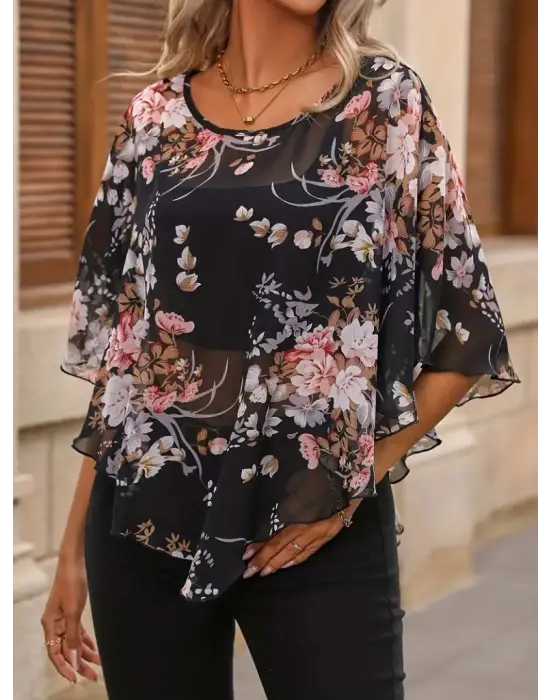 Omarı Asimetrik Kesim Çiçek Desenli Şifon Bluz