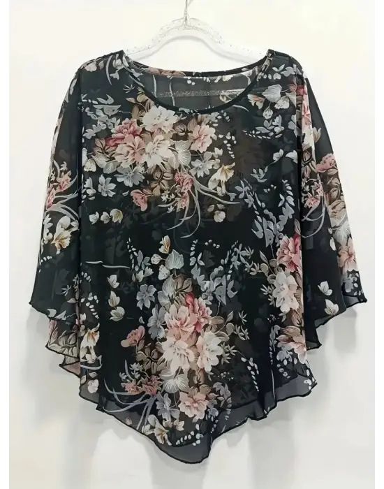 Kadın Kısa Kollu Yuvarlak Yaka çiçek Baskılı Asimetrik Kesim şifon Bluz
