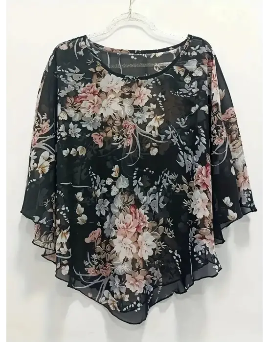 Omarı Asimetrik Kesim Çiçek Desenli Şifon Bluz