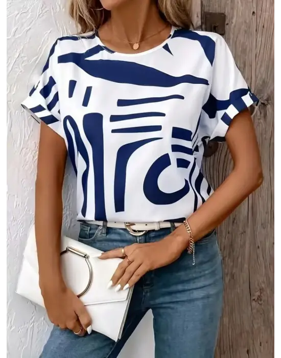 Kadın Kısa Kollu Yuvarlak Yaka Desenli Süprem Bluz