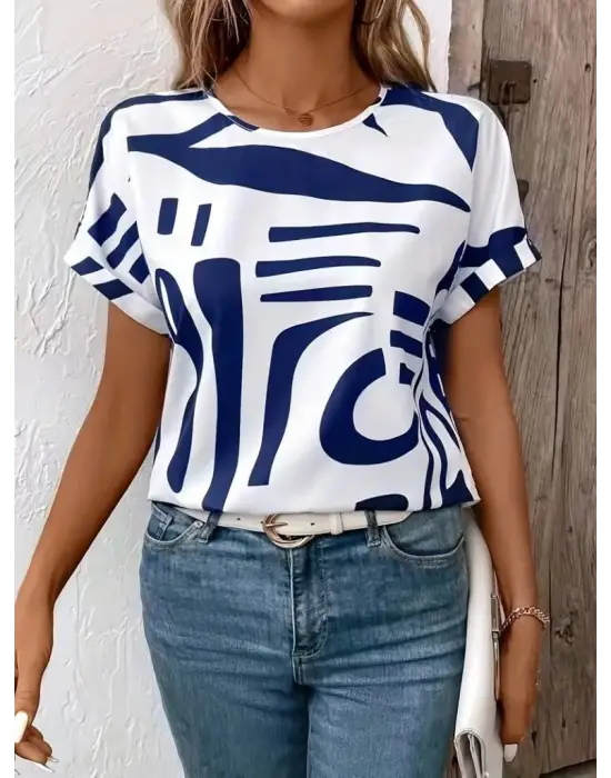 Kadın Kısa Kollu Yuvarlak Yaka Desenli Süprem Bluz