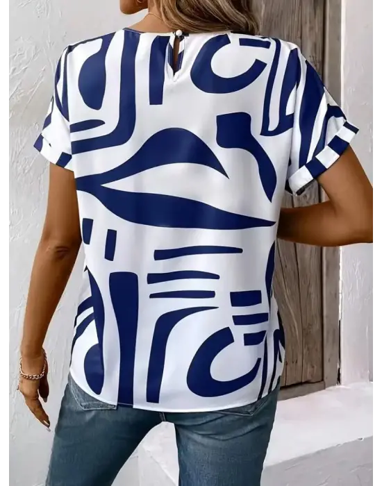 Kadın Kısa Kollu Yuvarlak Yaka Desenli Süprem Bluz