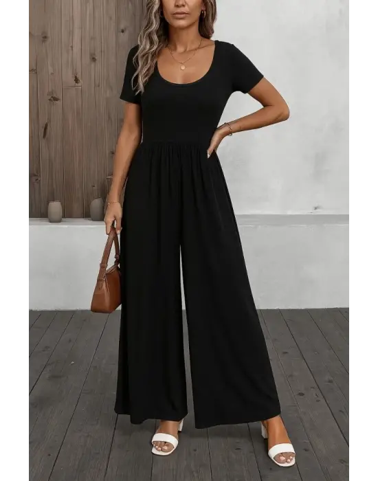 Kadın Kısa Kollu Yuvarlak Yaka Geniş Paçalı Bürümcük Tulum