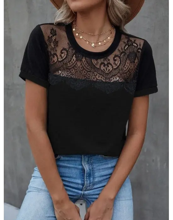 Kadın Kısa Kollu Yuvarlak Yaka ön Dantel Detaylı Viskon Bluz