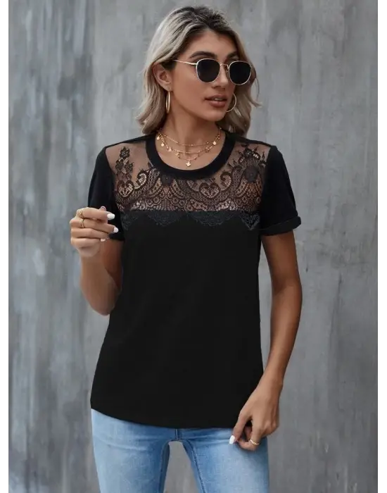Omarı Şık Yuvarlak Yaka Dantelli Kadın Viskon Bluzu