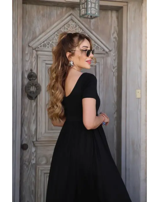 Kadın Kısa Kollu Yuvarlak Yaka önden Yırtmaçlı Cepli Viskon Uzun Elbise